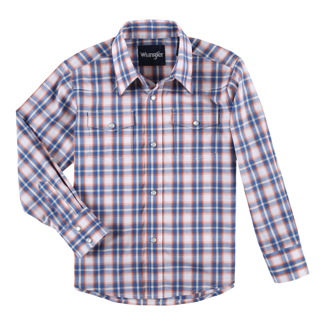 Wrangler | Boys Orange/Blue Plaid Wrinkle Resistant LS Snap Shirt