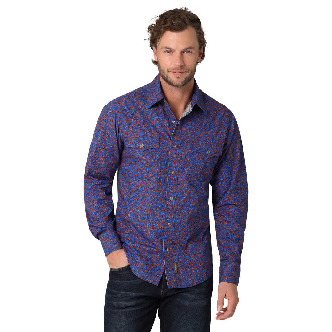 Wrangler | Retro Premium Modern Fit Blue Small Floral Print LS Snap Shirt