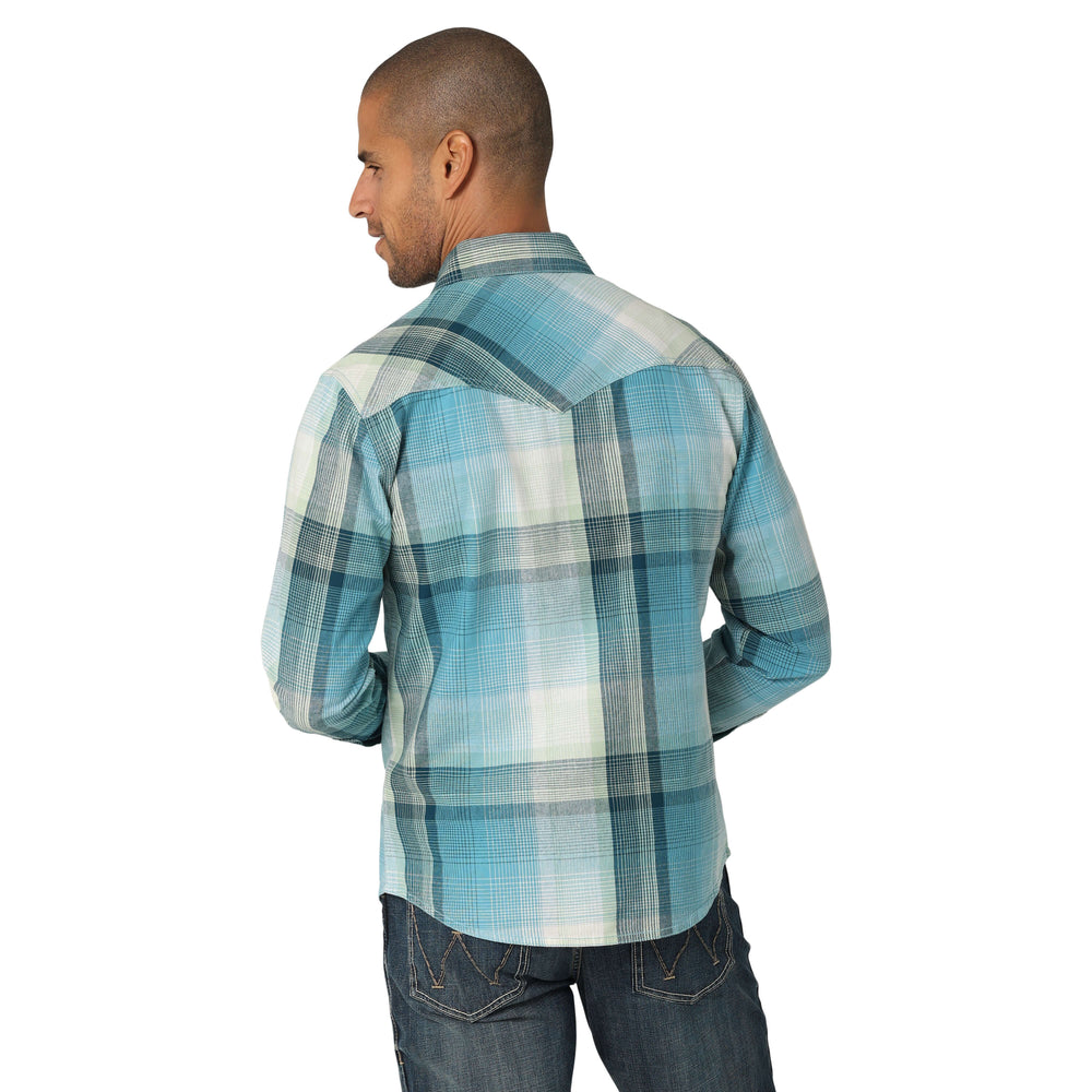 back view Wrangler Retro Premium Modern Fit Blue Plaid LS Snap Shirt