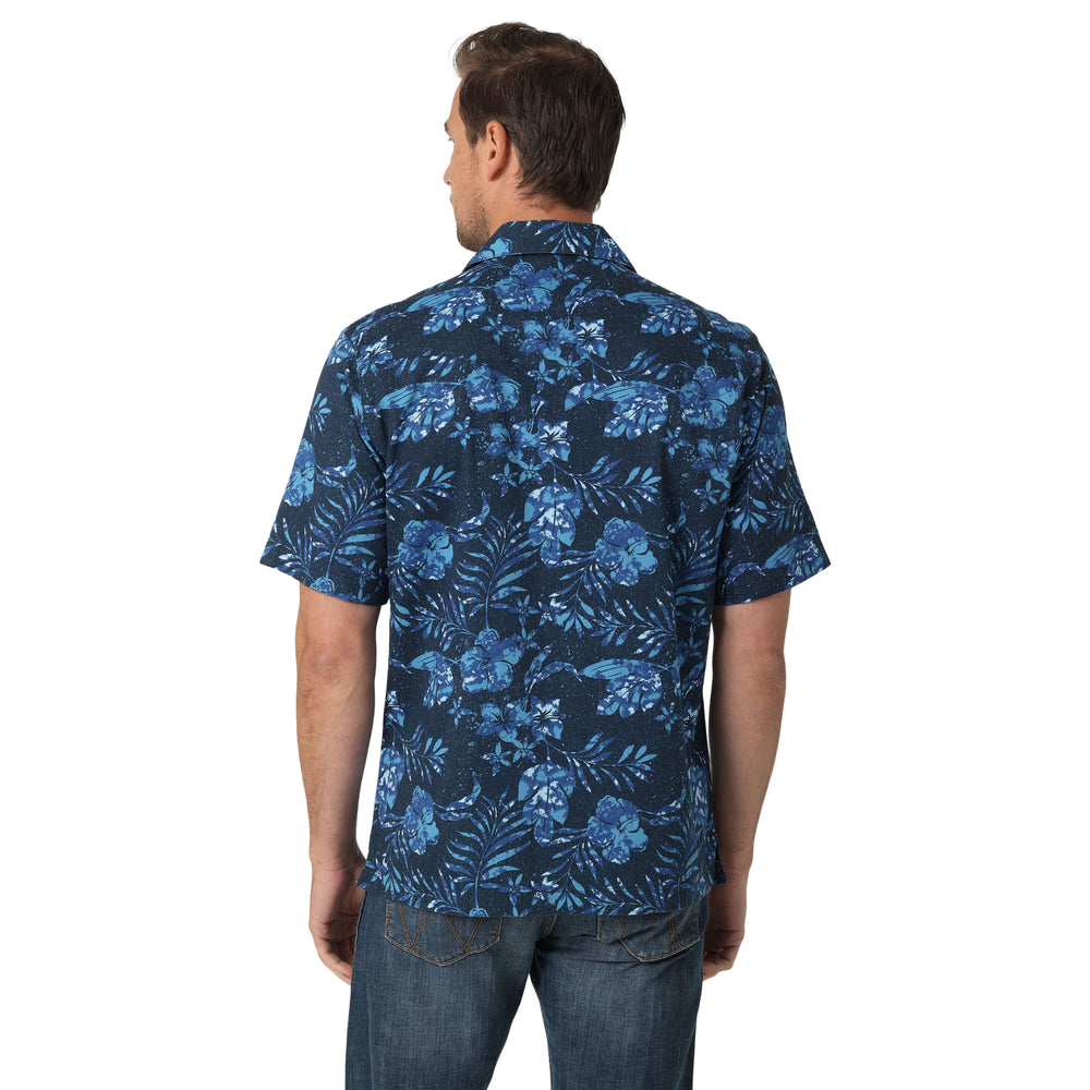 back view of blue coconut cowboy wrangler shirt