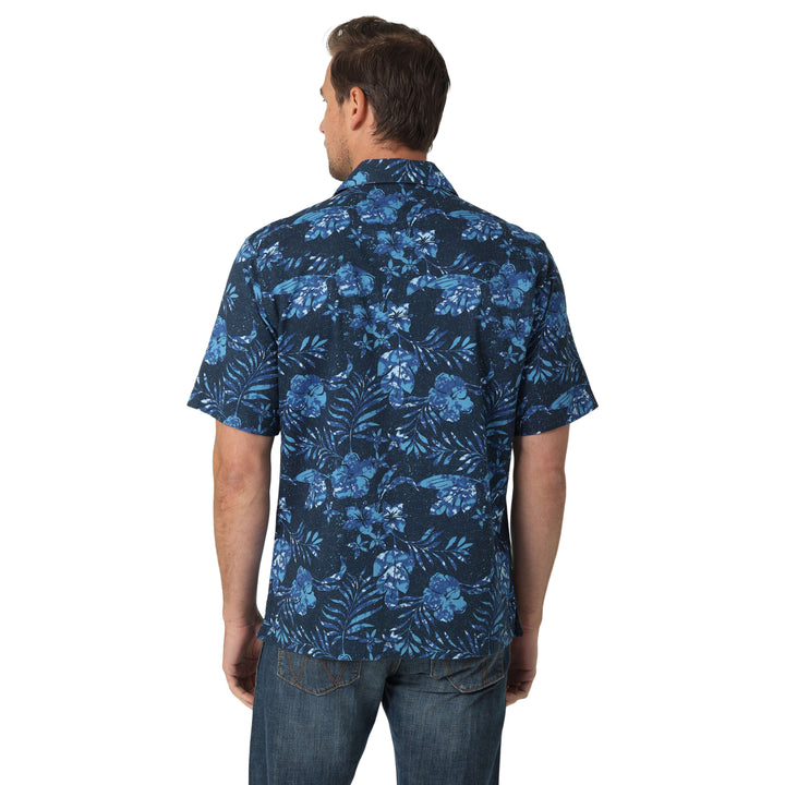 back view of blue coconut cowboy wrangler shirt