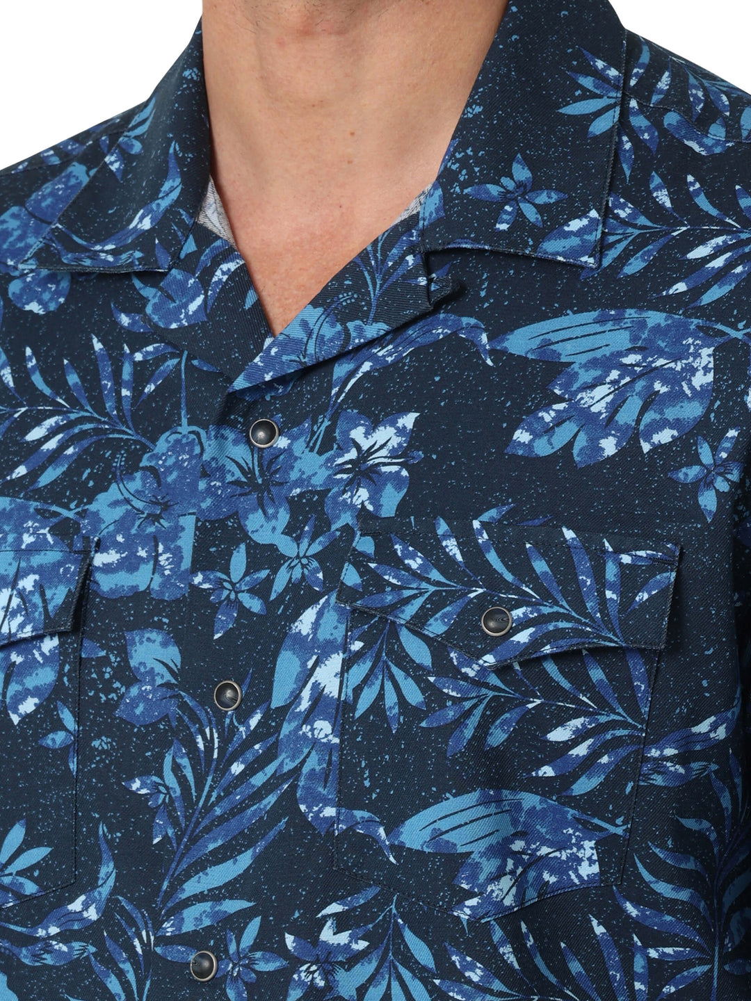 close front pocket view of blue coconut cowboy wrangler shirt