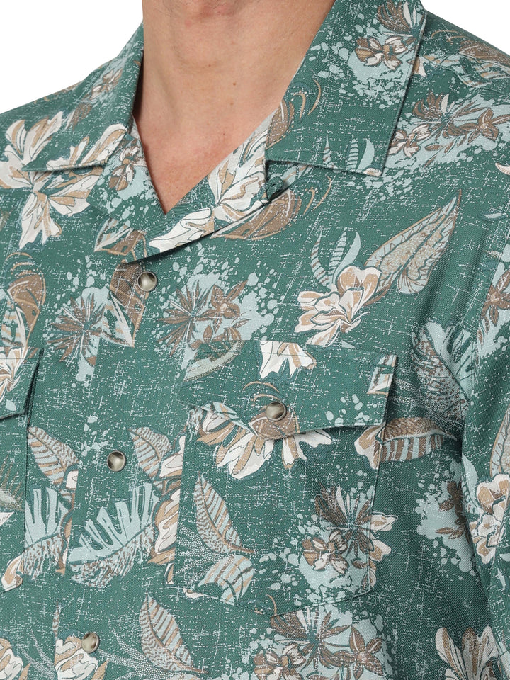 close front pocket view on green coconut cowboy wrangler shirt