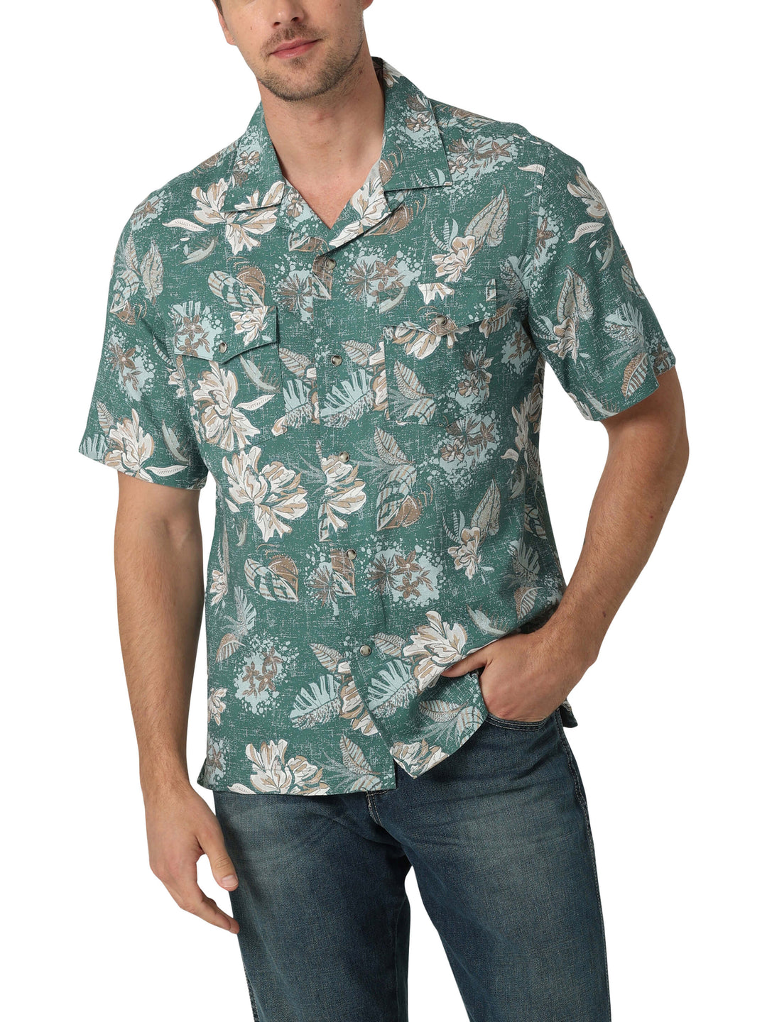 close front view of green coconut cowboy wrangler shirt