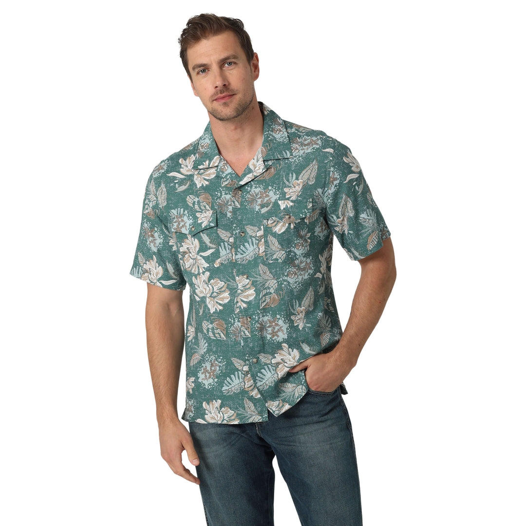 front view of green coconut cowboy wrangler shirt