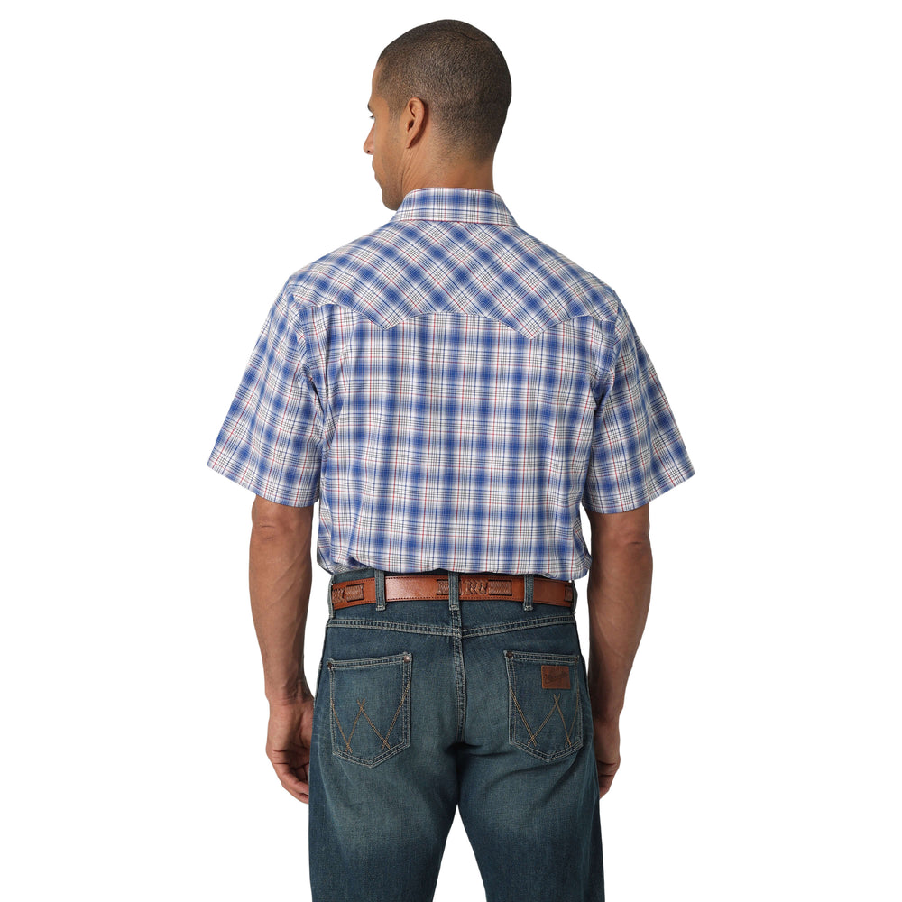 back view of blue plaid retro wrangler shirt