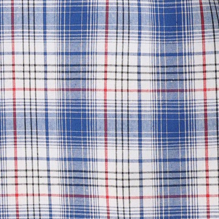 close detail view of blue multi plaid retro wrangler shirt