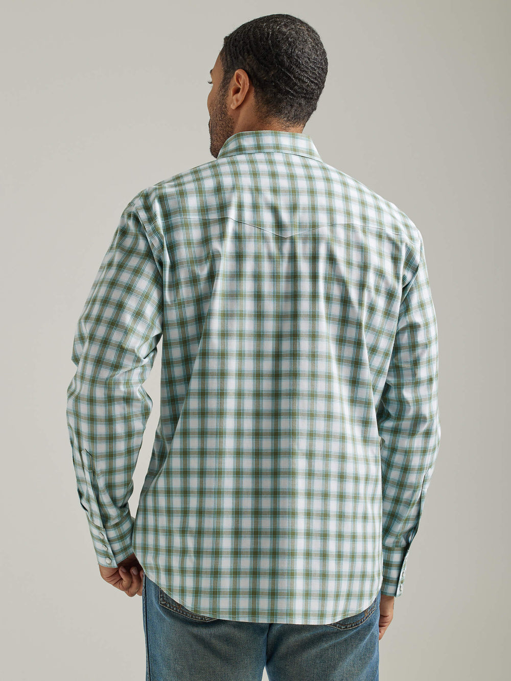 back view Wrangler | Wrinkle Resist Olive Plaid LS Western Shirt
