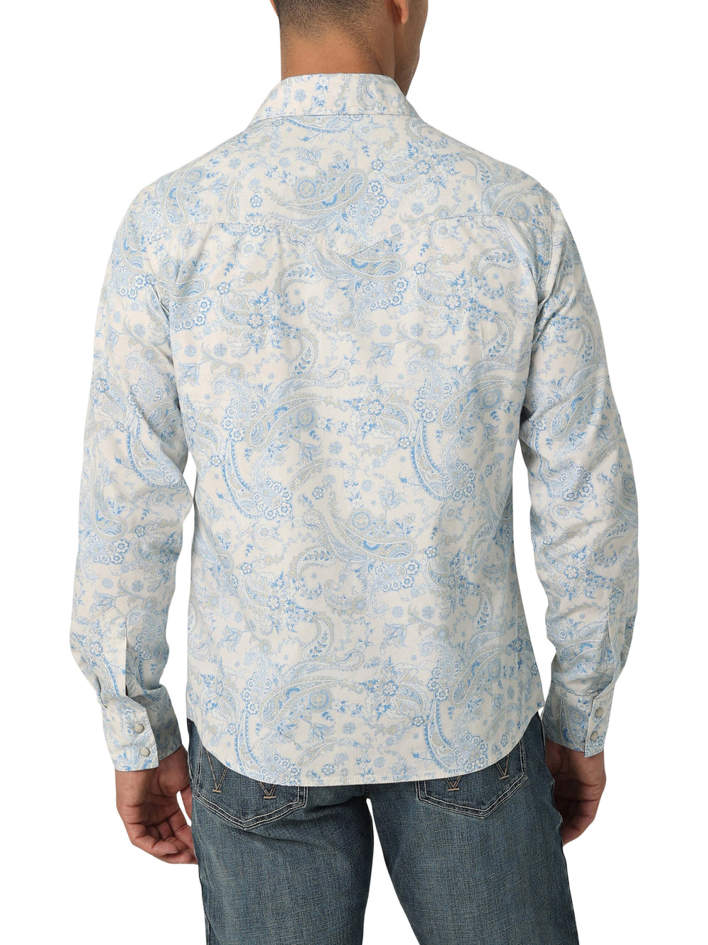 back view of aqua paisley long-sleeve paisley wrangler shirt