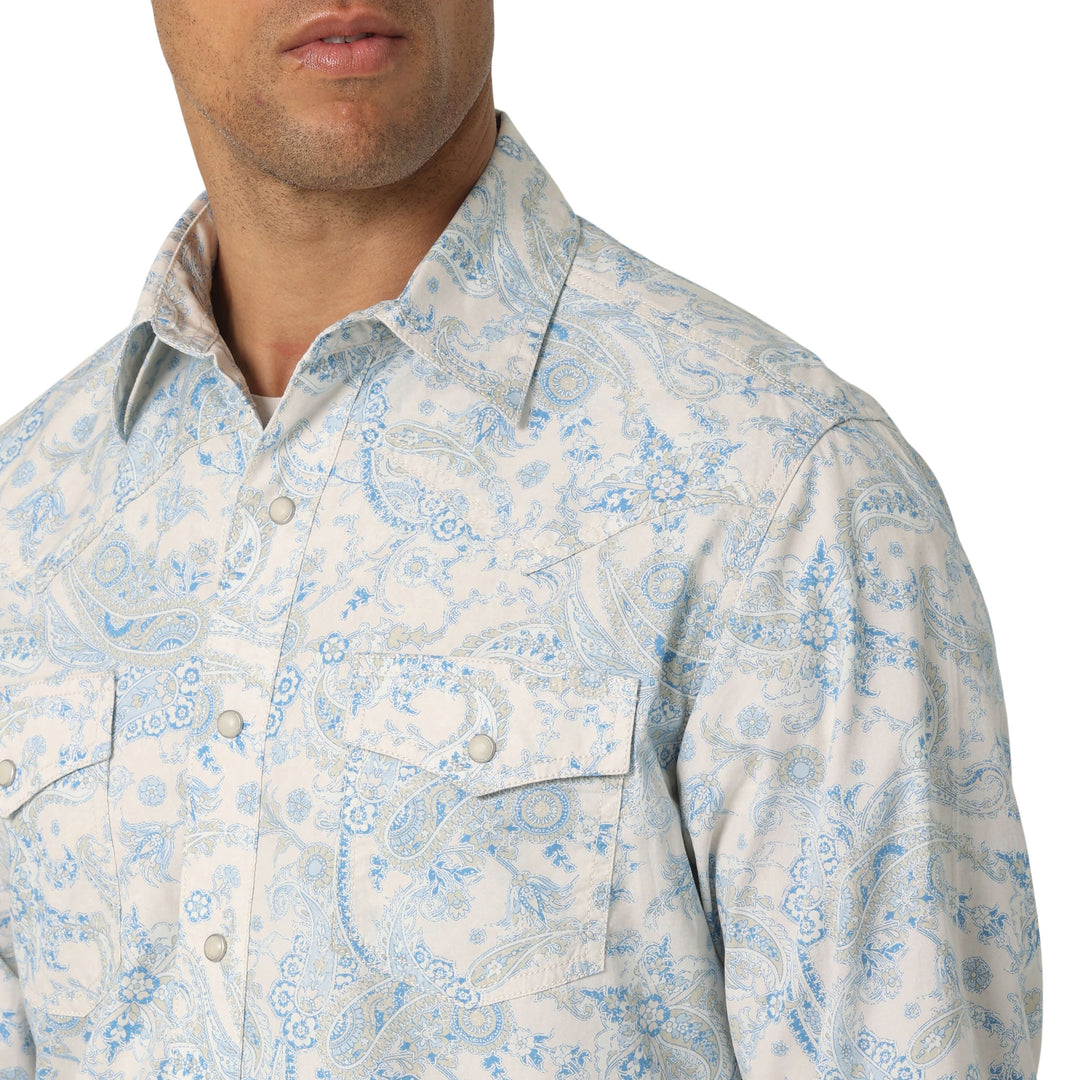 front focus view of aqua paisley Wrangler shirt