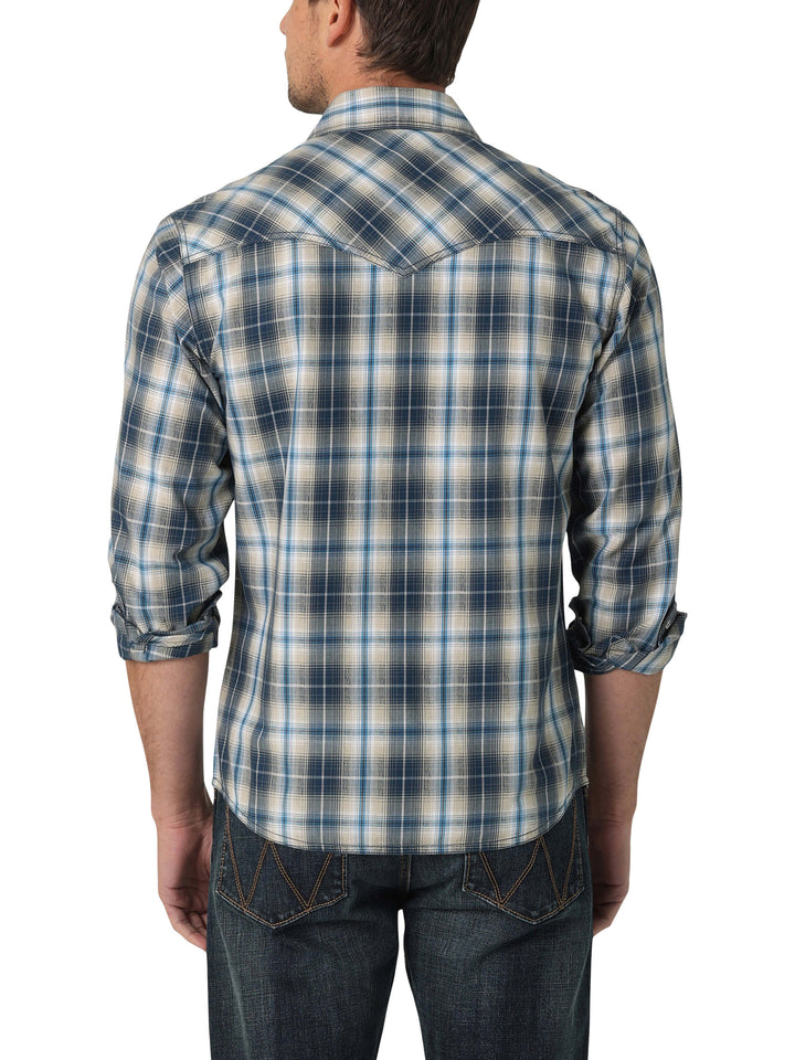 back view of multi plaid wrangler retro shirt