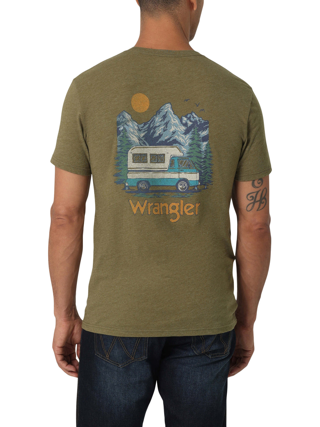 back view of large vintage camper  graphic on olive green Wrangler T-shirt