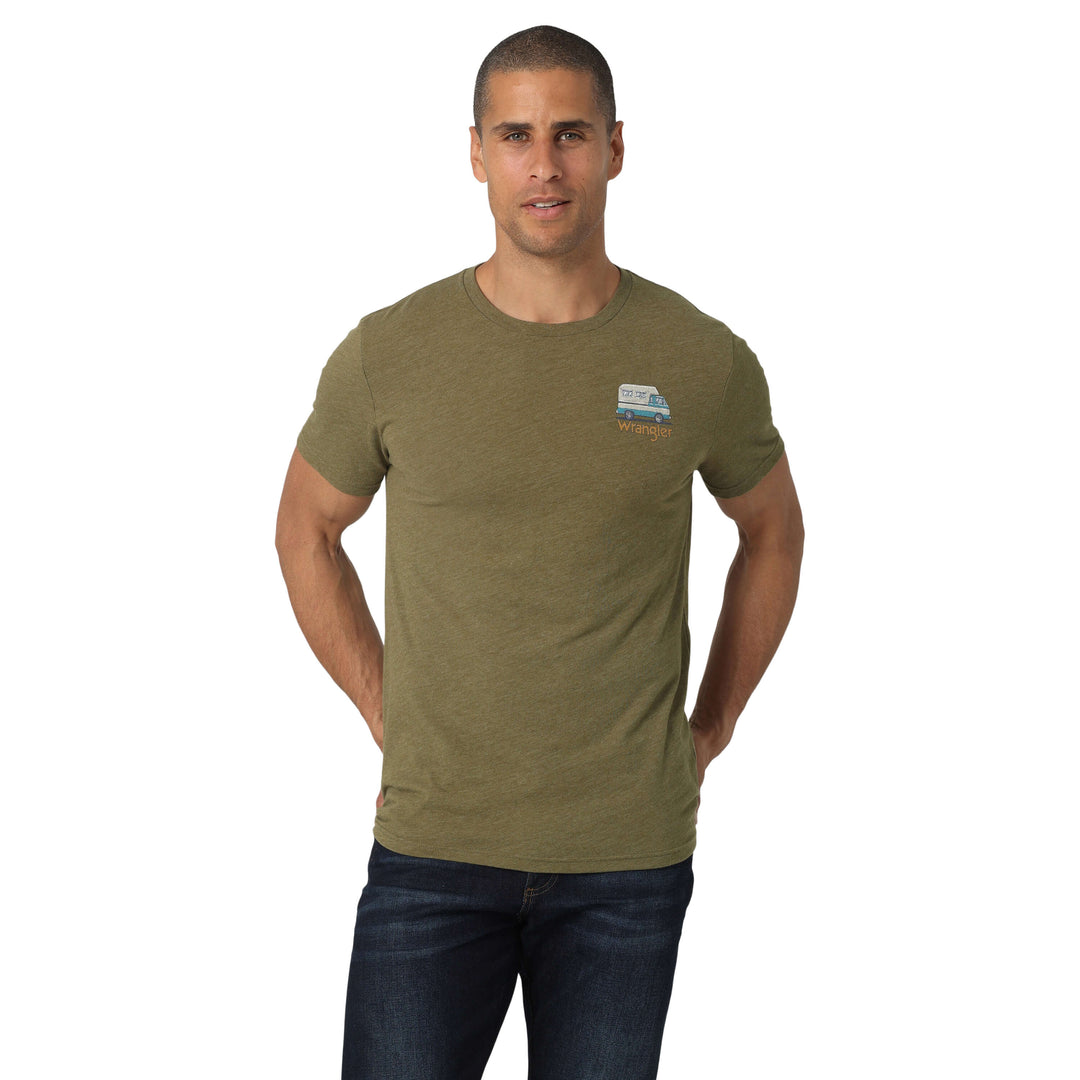 front view of olive green vintage camper Wrangler T-shirt