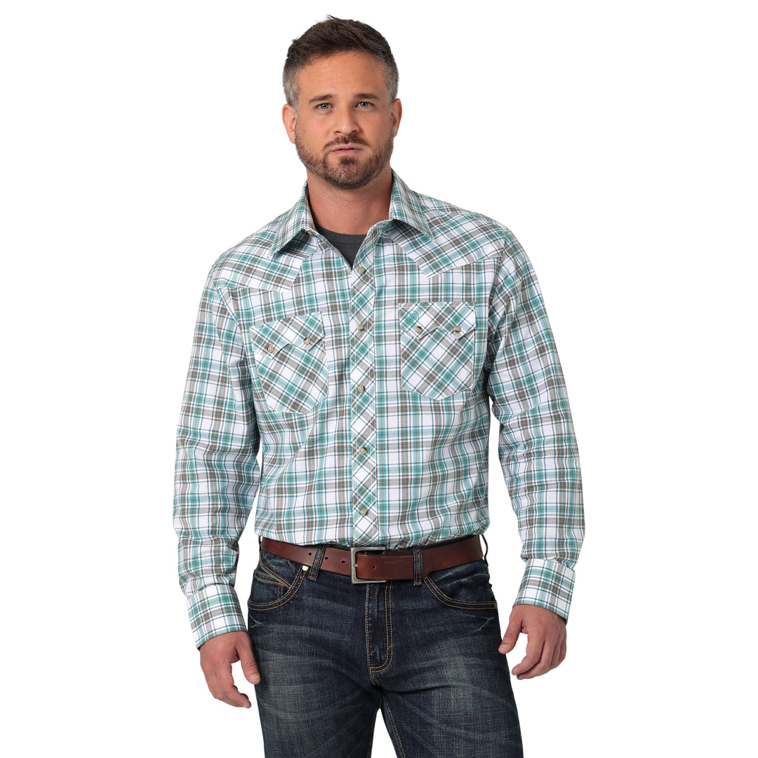 front view Wrangler | Retro Modern Fit Turquoise Plaid LS  Shirt