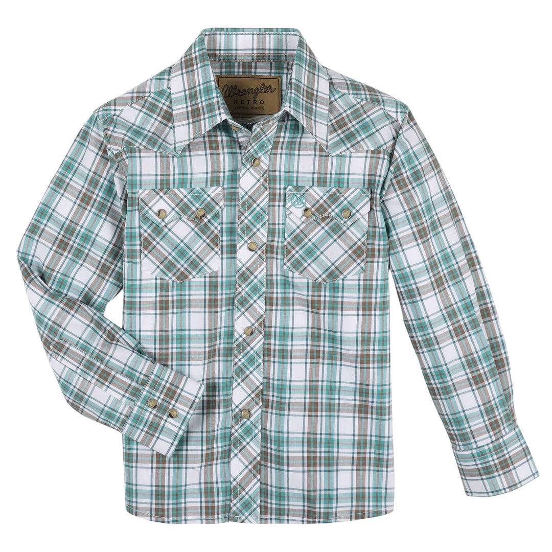 Wrangler | Boys Retro Turquoise/Brown Plaid LS Shirt