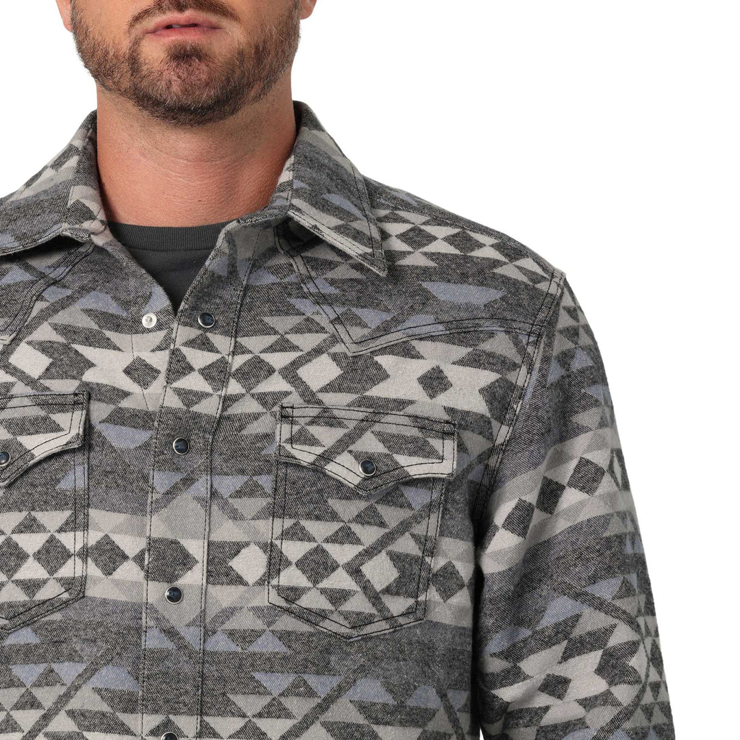 close up front pocket detail Wrangler | Retro Premium Grey Jacquard LS Shirt