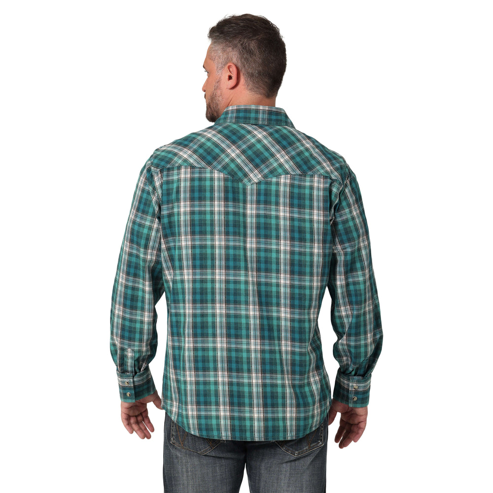 back view Wrangler | Retro Premium Green Plaid LS Snap Shirt