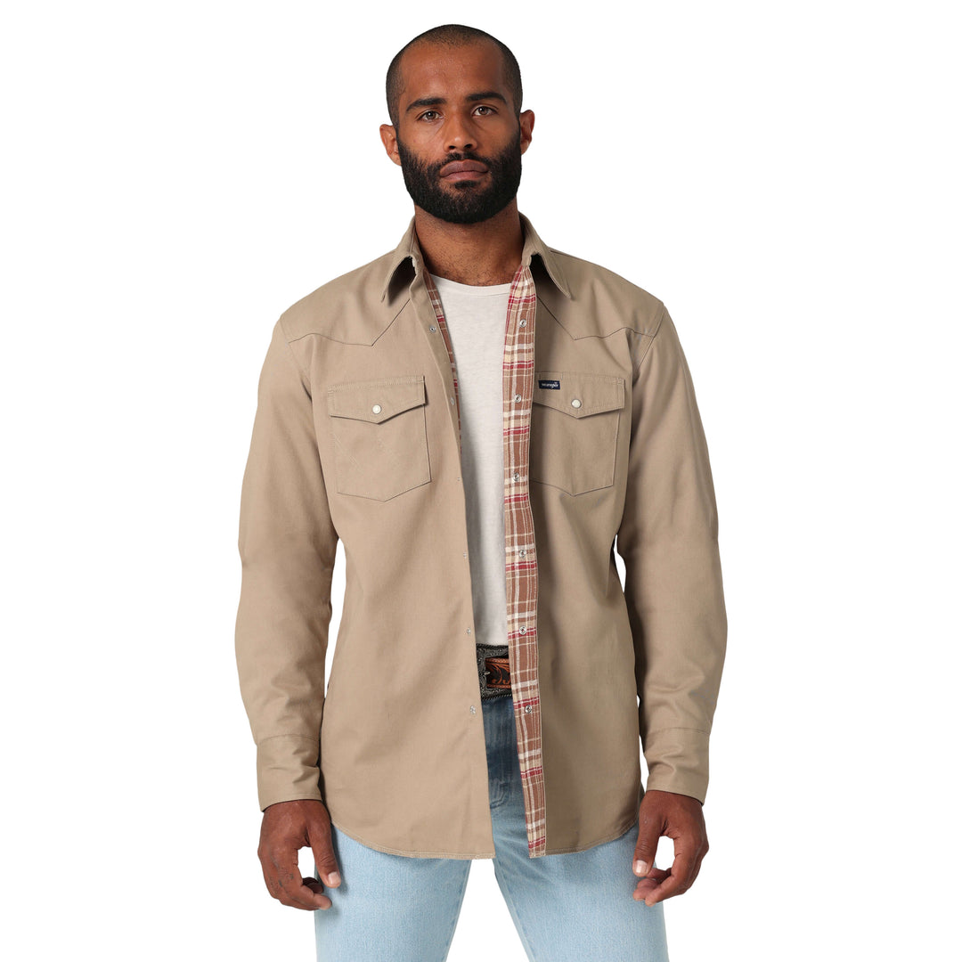 front view Wrangler | Flannel Lined Work Khaki Shirt 