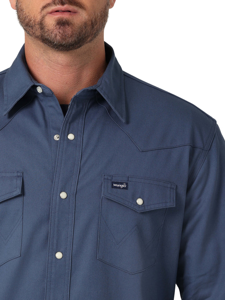 front pocket view Wrangler | Flannel Lined Work Shirt Blue