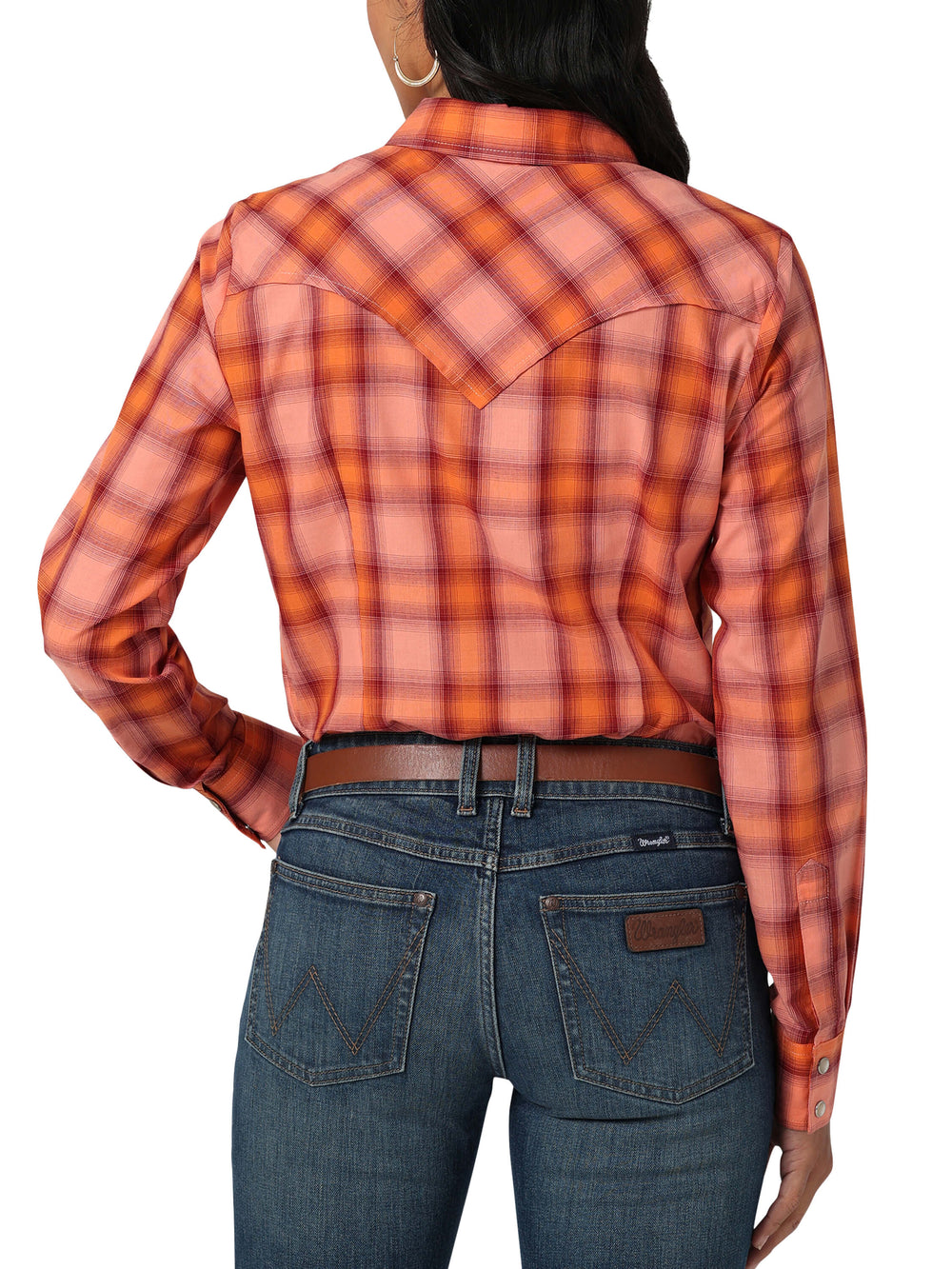 back close view Wrangler | Ladies Orange Plaid Western Shirt