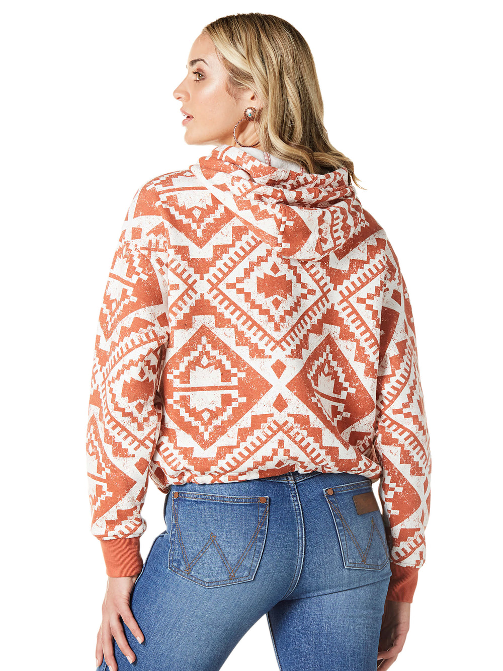 back view Wrangler | Ladies Retro® Vintage Orange Aztec Logo Hoodie