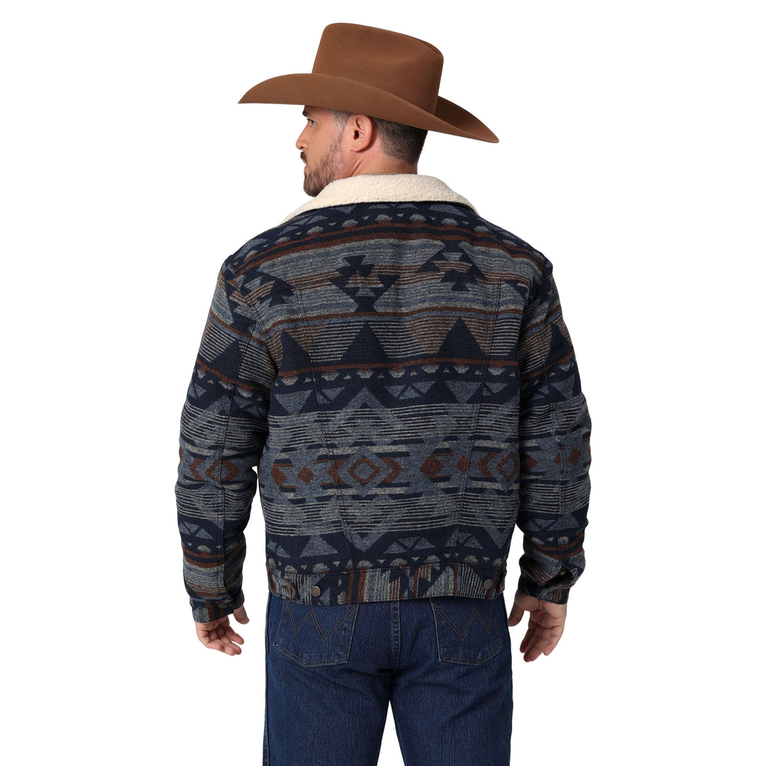 back full view Wrangler | Jacquard Sherpa Lined Pageant Blue Print Jacket