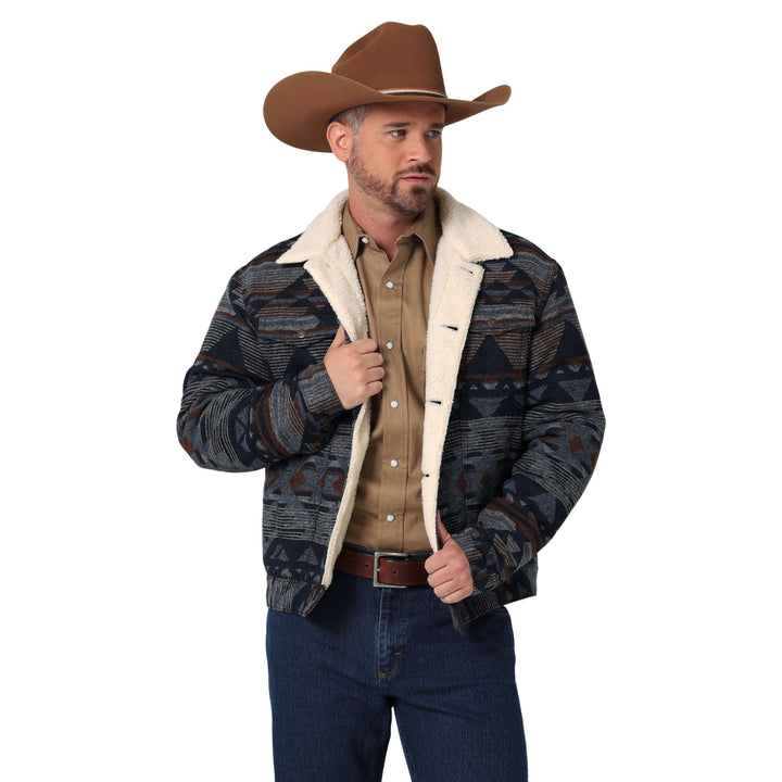 front full view Wrangler | Jacquard Sherpa Lined Pageant Blue Print Jacket