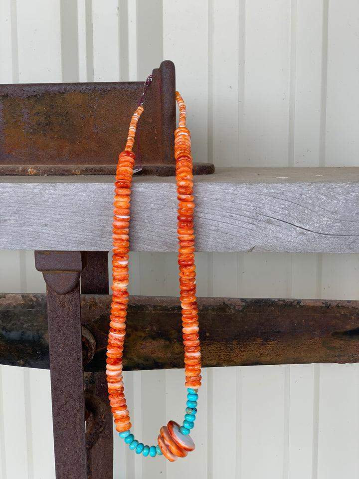 24” Necklace. Orange Spiny Oyster w/Turquoise