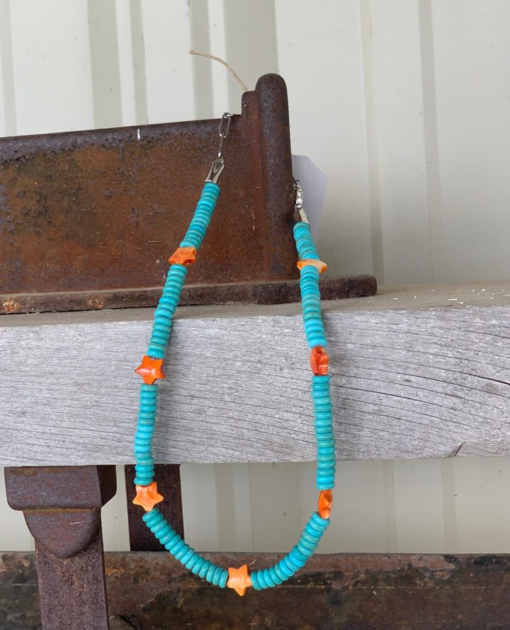 Rustic Rose Jewelry | 15” Orange Spiny Oyster Stars & Faux Turquoise Necklace