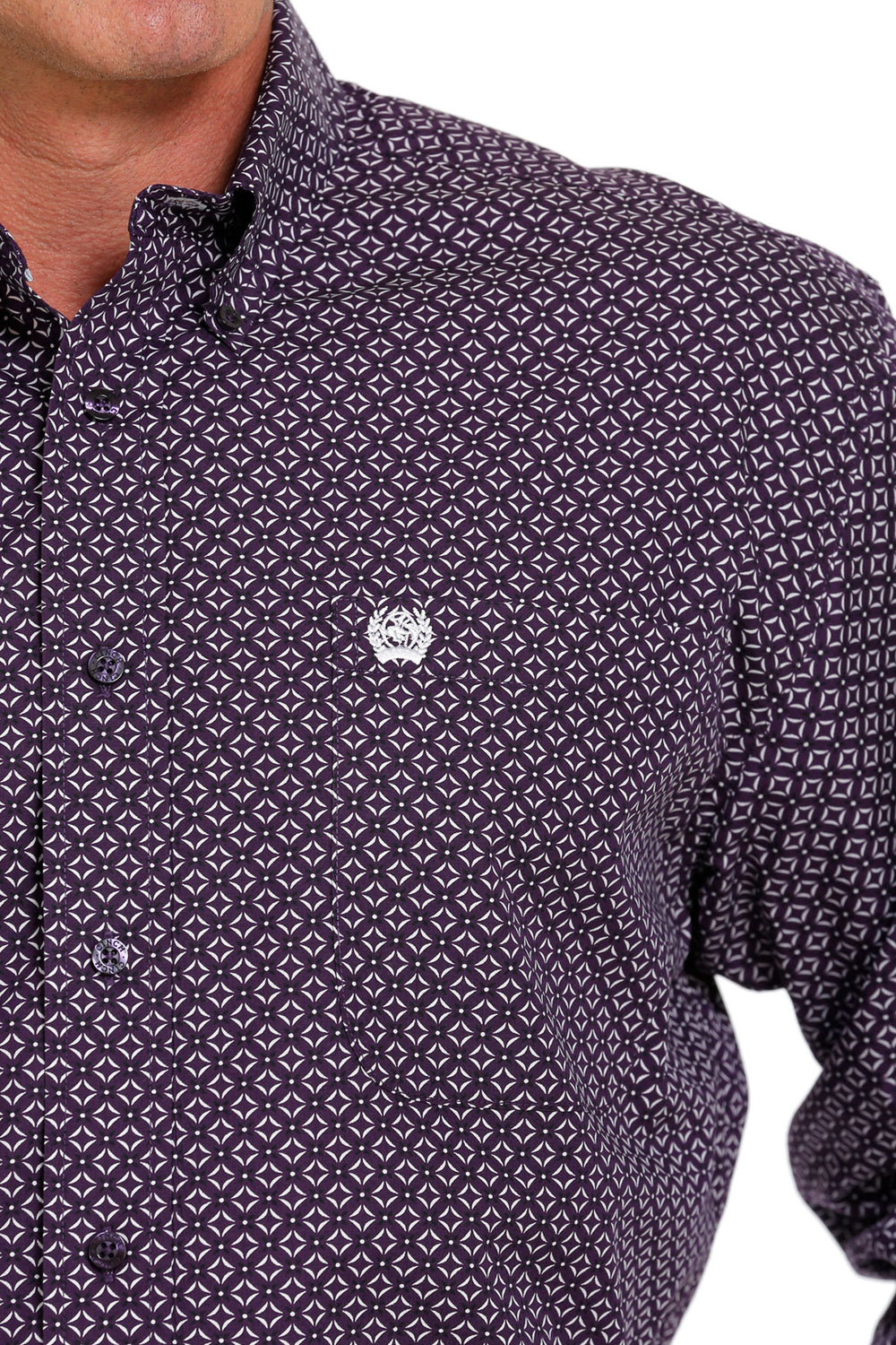 Front Pocket Cinch | Classic Purple/White Print LS Shirt