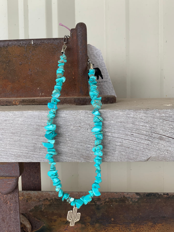 Rustic Rose Jewelry | 16” Faux Turquoise Chips & Cactus Pendent Necklace