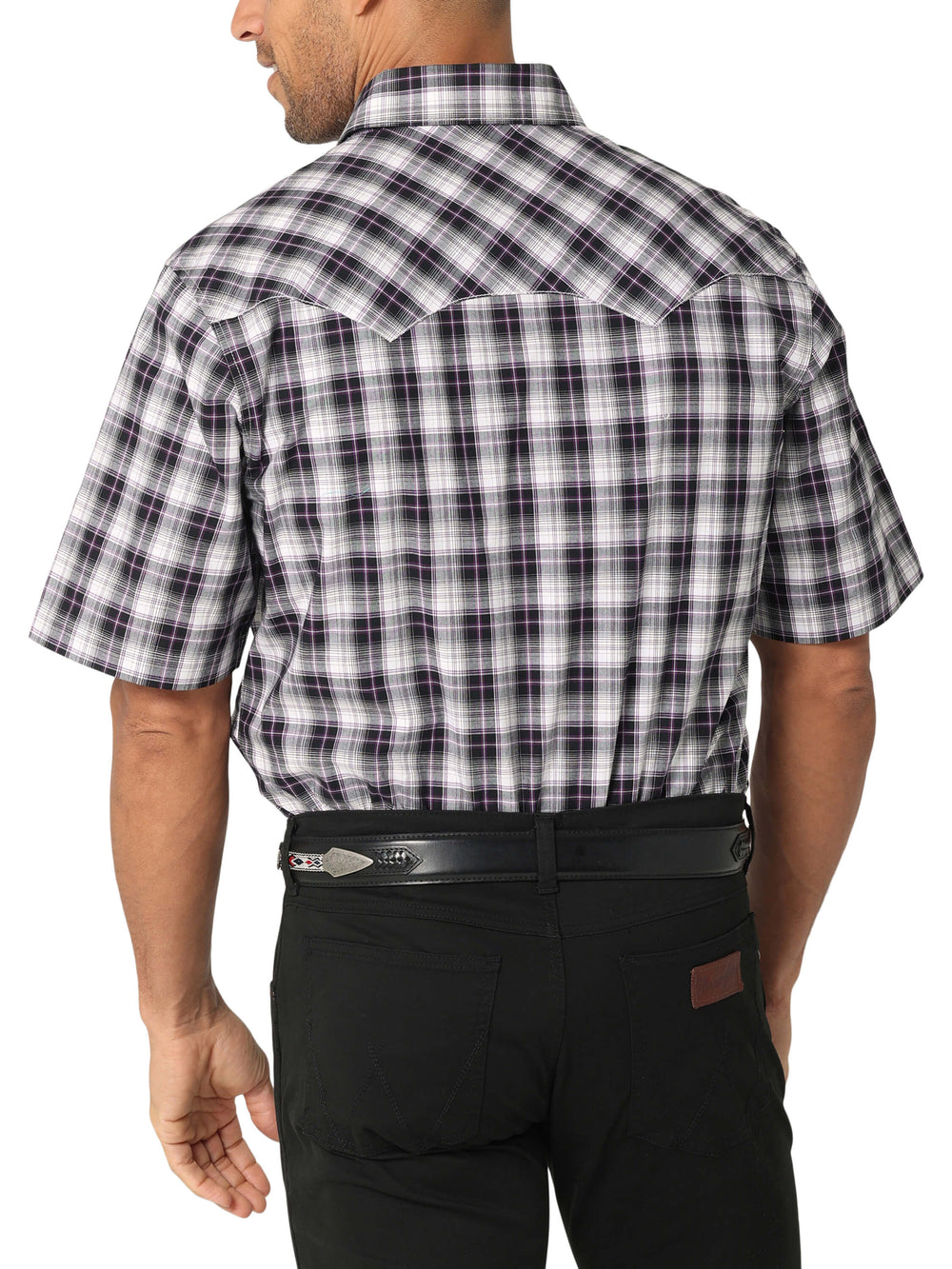 Back View Wrangler | Retro Black Plaid SS Snap Shirt