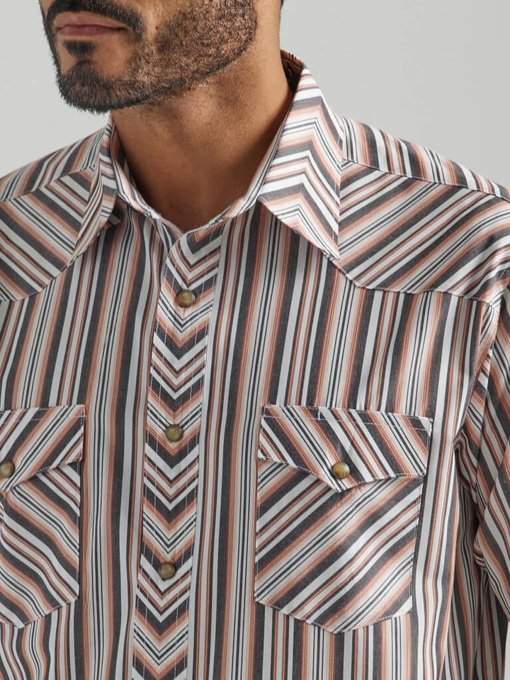 Close Up View Wrangler | Silver Edition Classic Fit Copper LS Striped Shirt