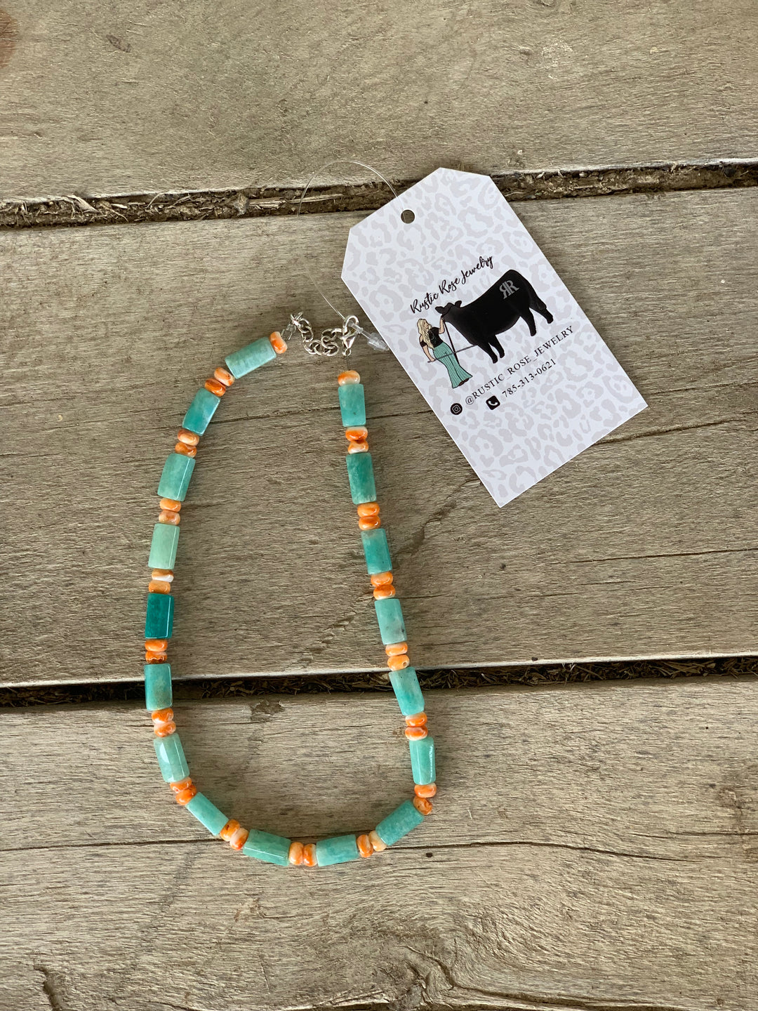 14” Orange Spiny Oyster Beads with Smooth Aqua Turquoise. Necklace