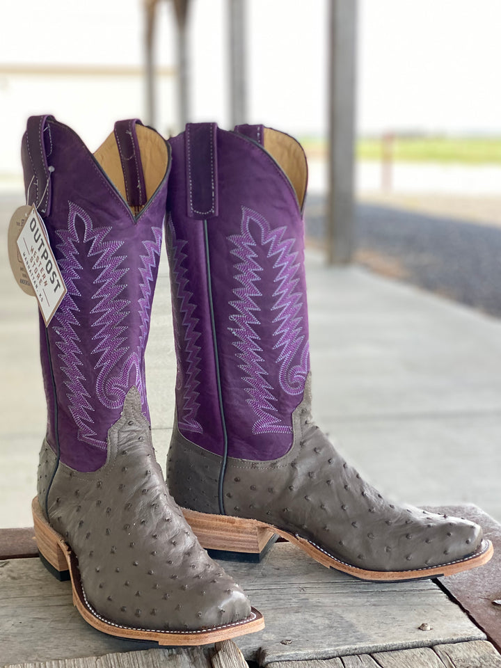 Serpentine Grey Full Quill Ostrich | Top: Violet Buffamonte | Color: Grey/Purple | Top Height: 13" | Toe: Cutter| Heel: 1 5/8" P | Sole: Hybrid w/ Cush-N-Sole
