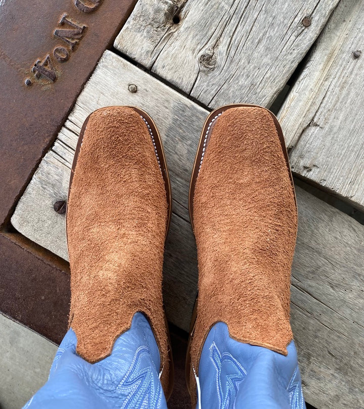 top view toe shape and leather Olathe Boot Co. | Brown Mule Roughout O Toe Boot