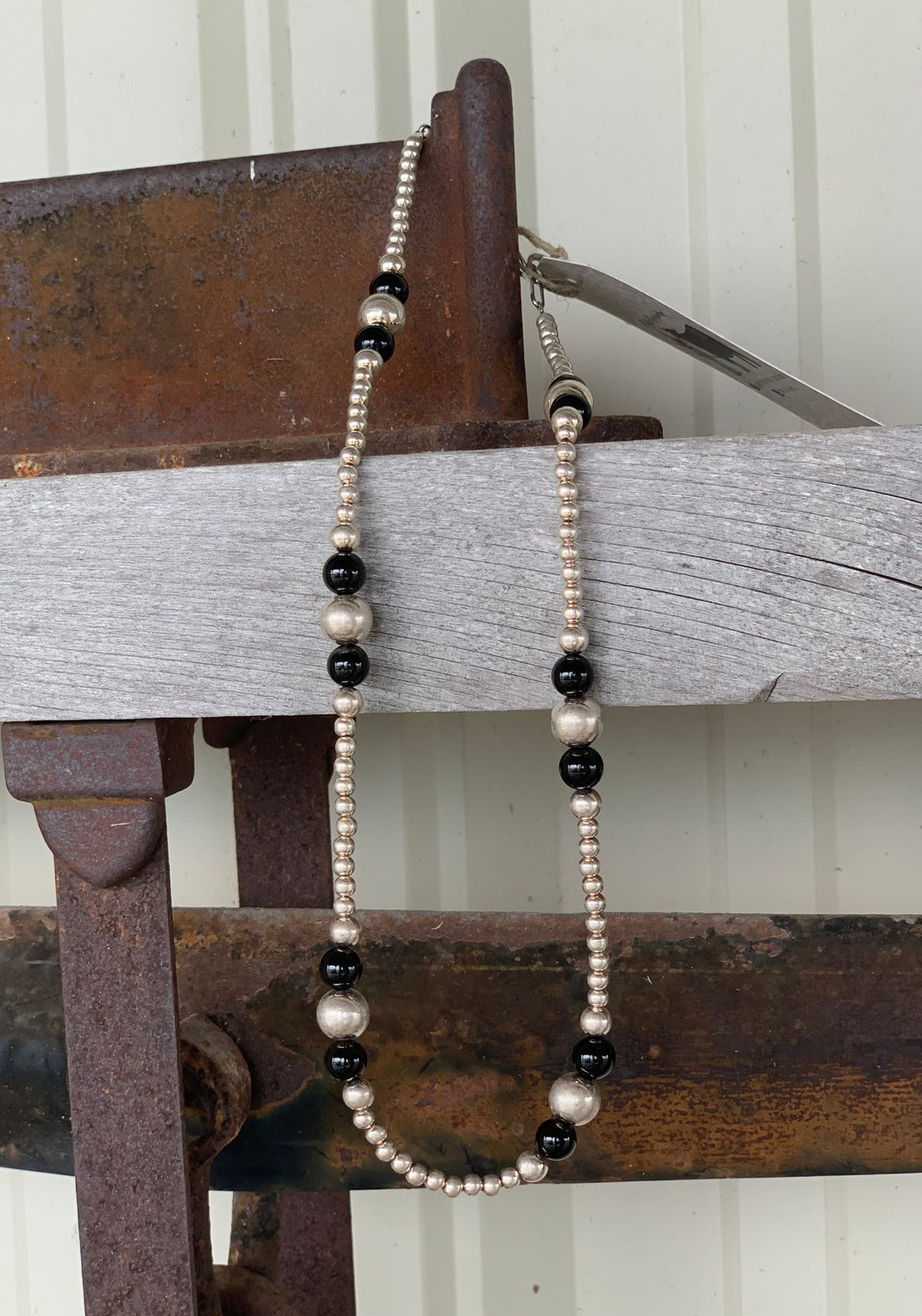 16” Black Onyx & Sterling Silver Beaded Necklace. 