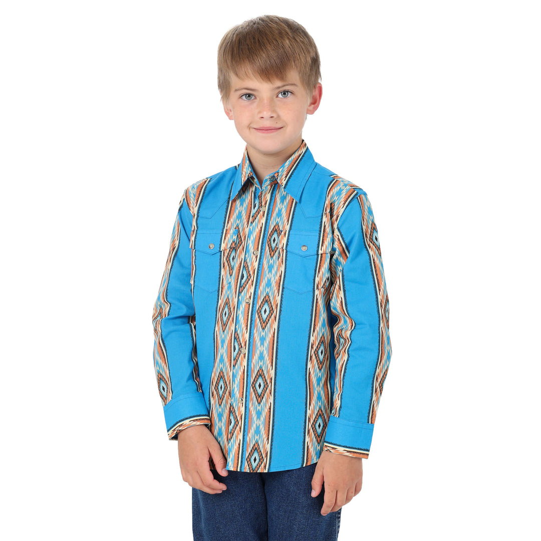 front view Wrangler | Boys Checotah Turquoise Aztec LS Shirt