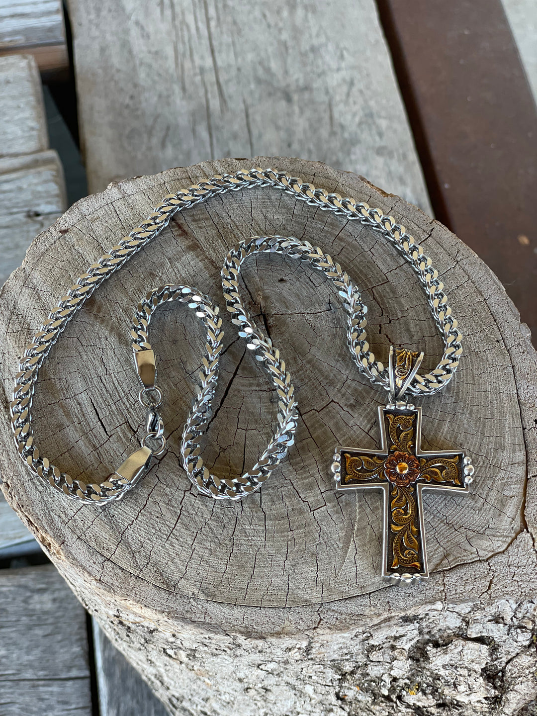 MF Twister Antique Silver and Gold Cross Necklace