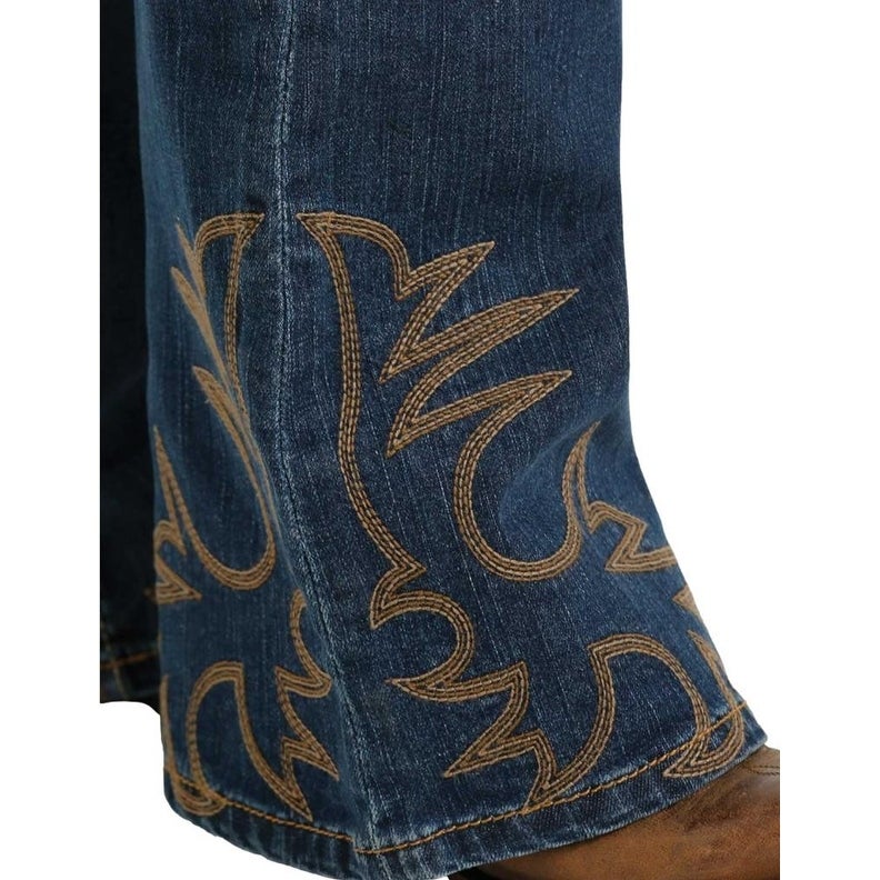 bottom embroidery detail Cruel Denim | Slim Fit Hannah Boot Stitch Embroidered Flare Leg Jeans