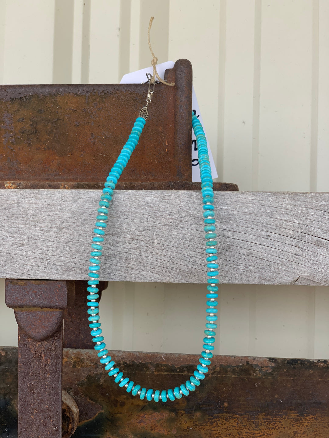 16” Necklace. Round Turquoise Wheels with Small Sterling Silver Beads.