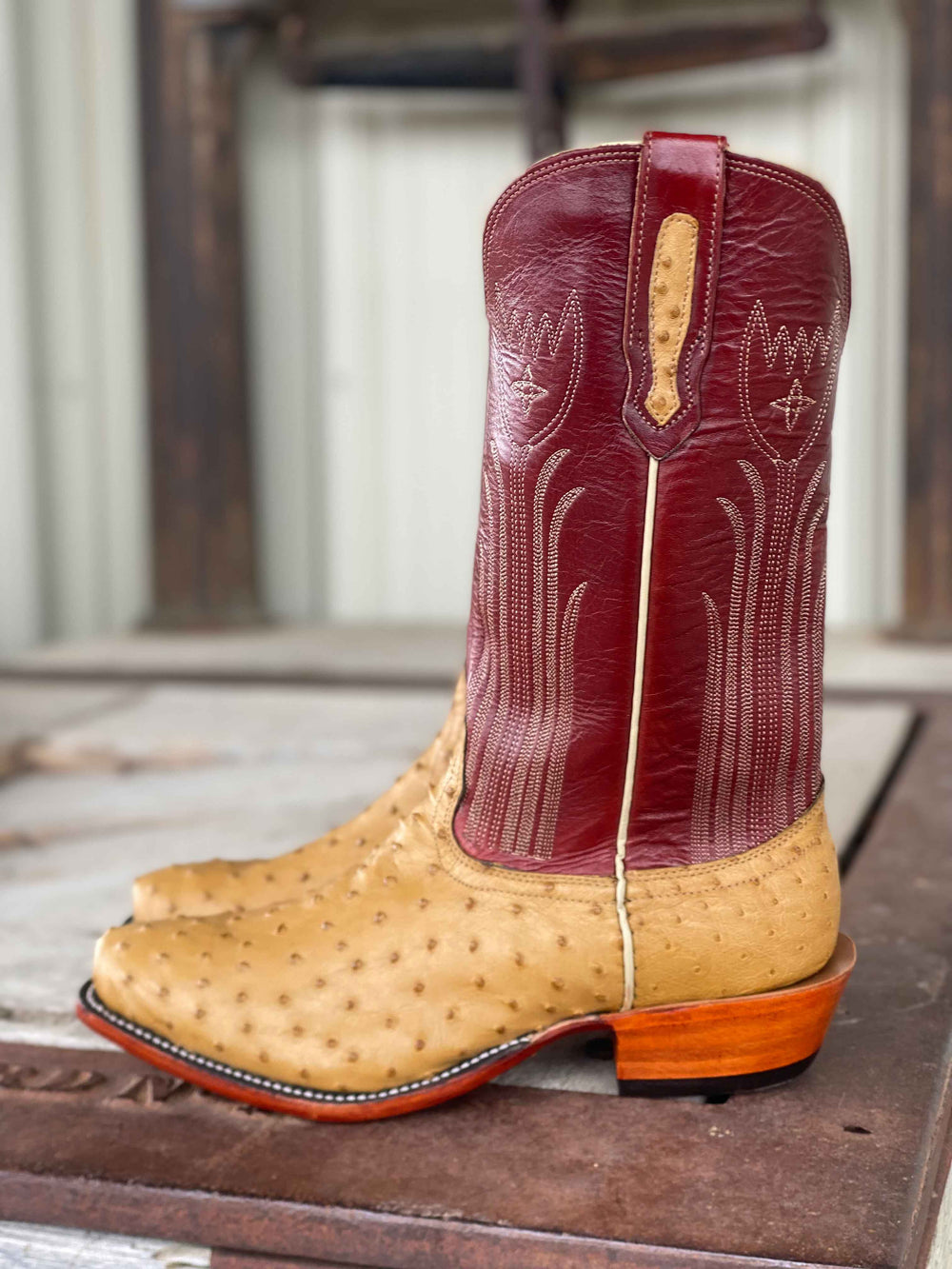 side view Fenoglio Boot Co. | Antique Saddle Full Quill Ostrich Boot