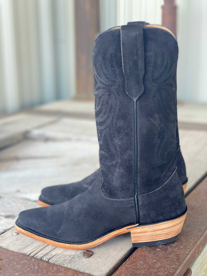 side view Fenoglio Boot Co. | Black Victoria Roughout Boot