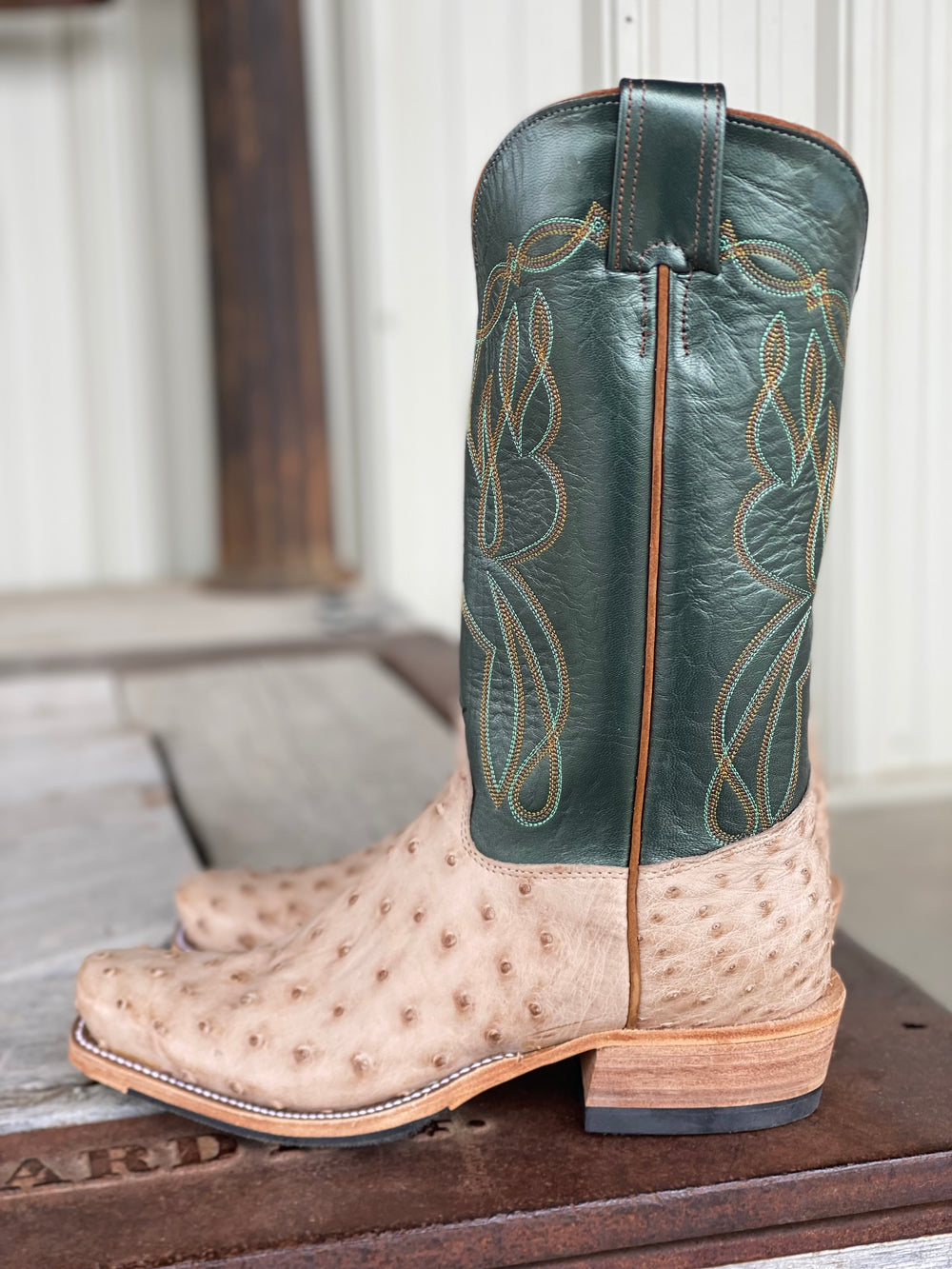 side view Olathe Boot Co. | Tan Vintage Bruciato FQ Ostrich Boot