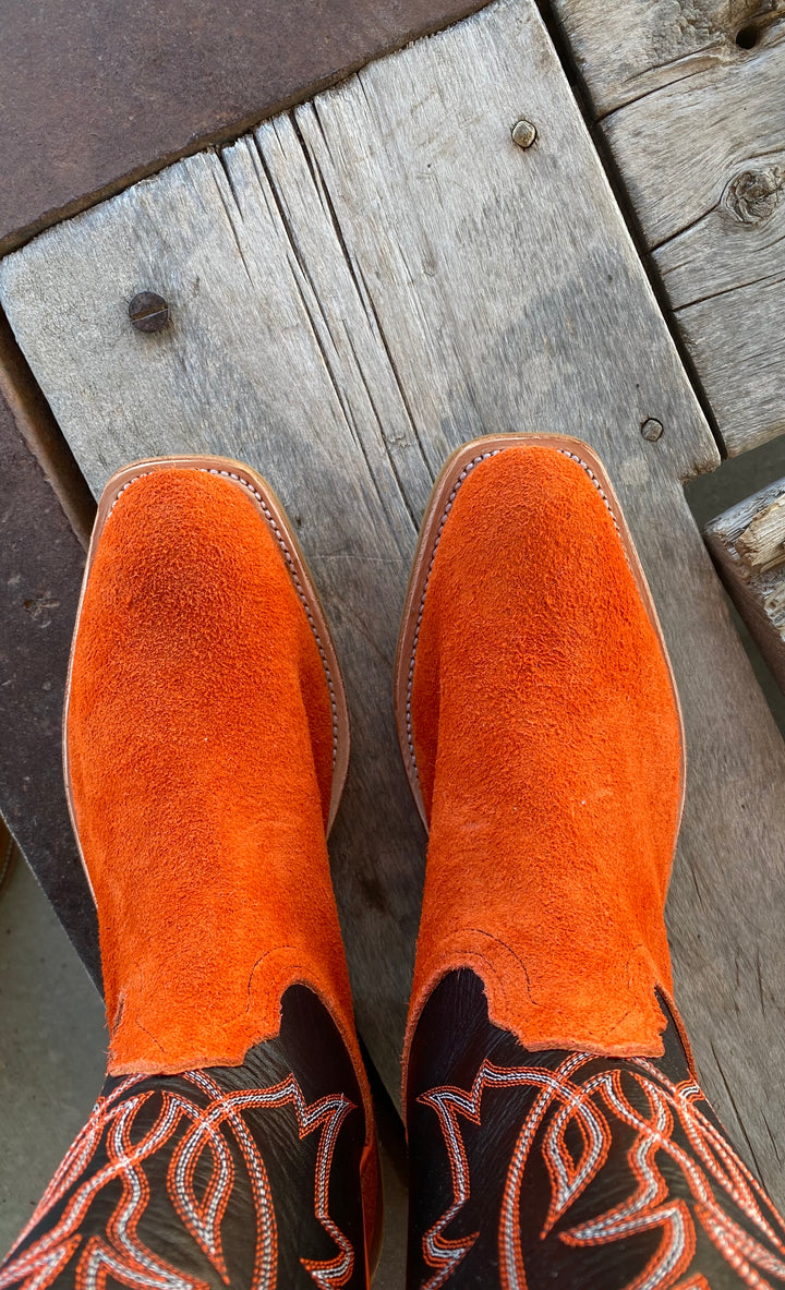 Top view Fenoglio Boot Co. | Orange Roughout Black Smooth Italian