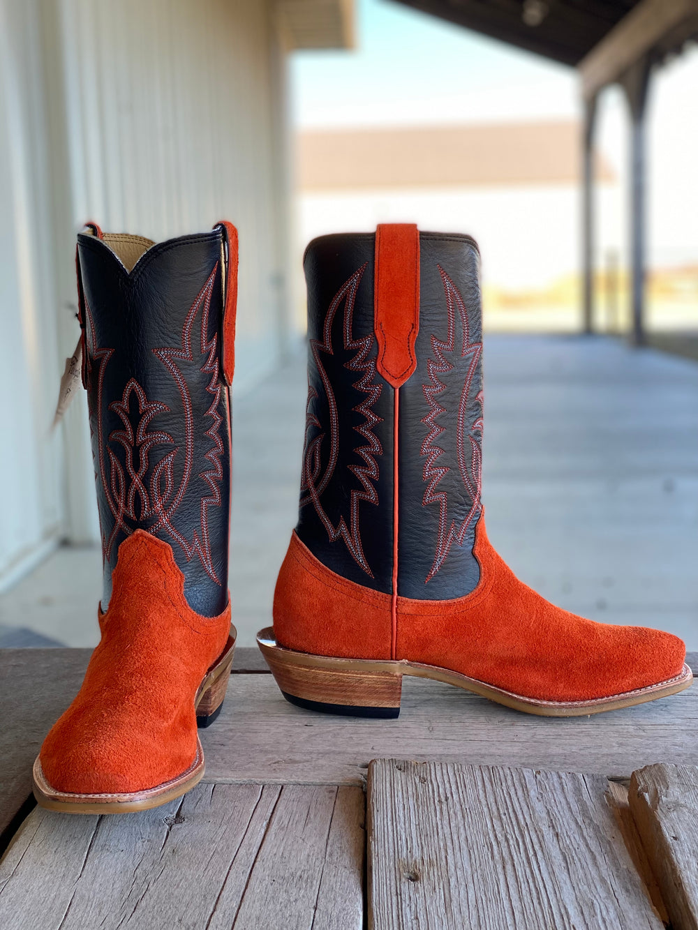 front and side view Fenoglio Boot Co. | Orange Roughout Black Smooth Italian