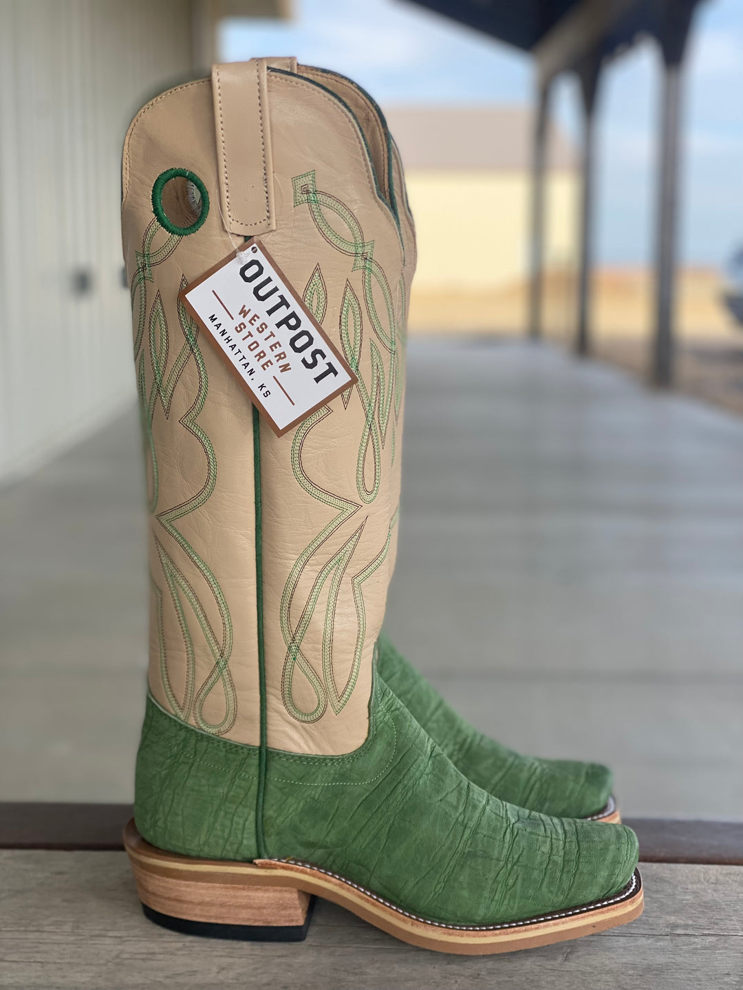 Side View Olathe Boot Co. | Olive Buffed Elephant Tall Top Boot
