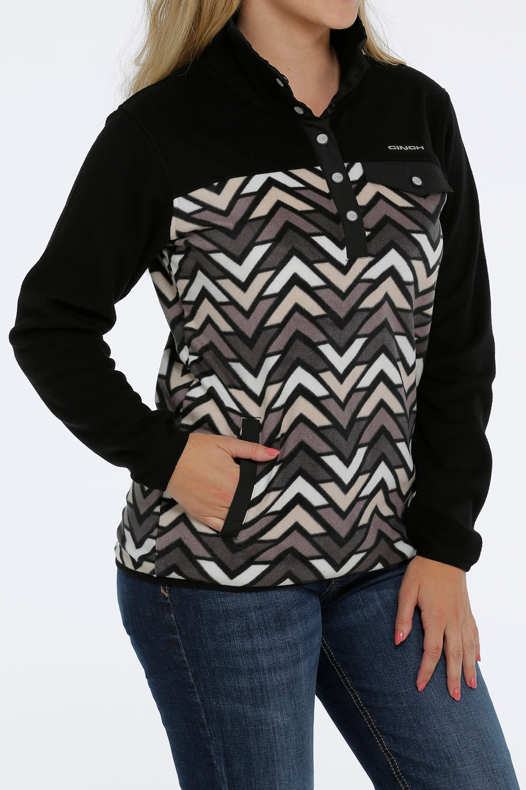 front pocket Cinch | Ladies Black Print Fleece Pullover