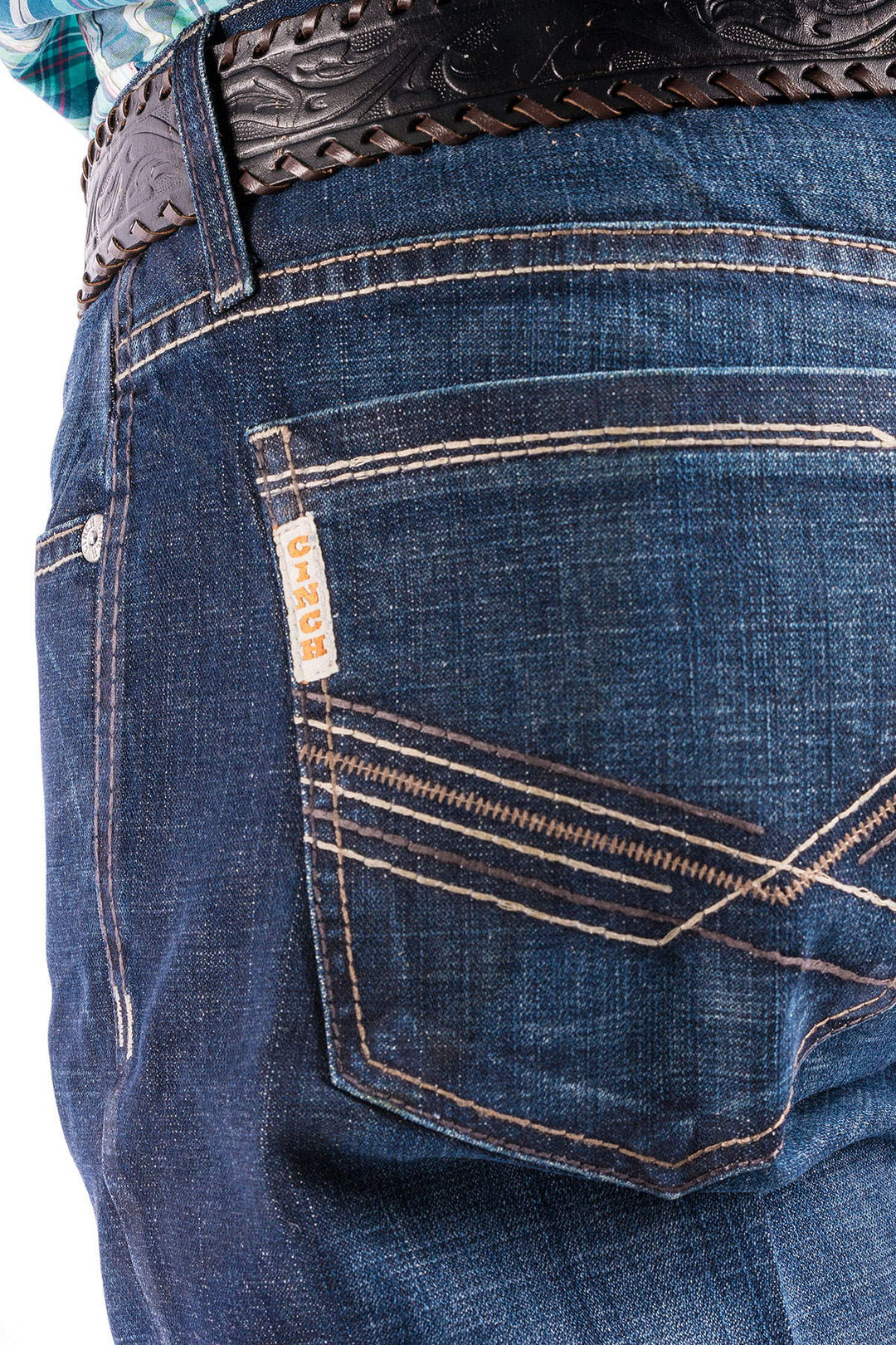 Close detail of back pocket stitching Cinch | Ian Slim Fit Performance Denim Jean