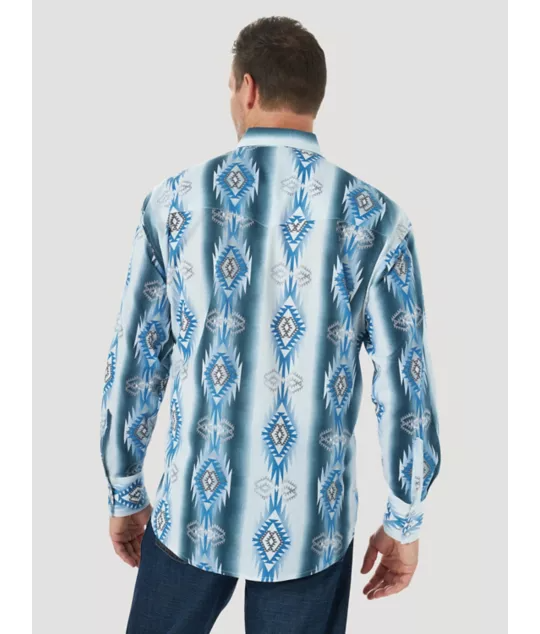 Back view Wrangler | Checotah Blue/White Aztec Print LS Shirt